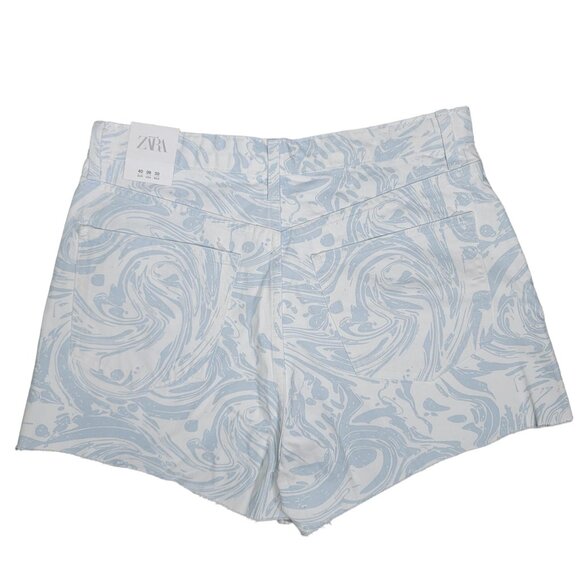 Zara nwt High-Waist Light Blue & White Marble Print Denim Shorts sz 8 button fly - Picture 3 of 5